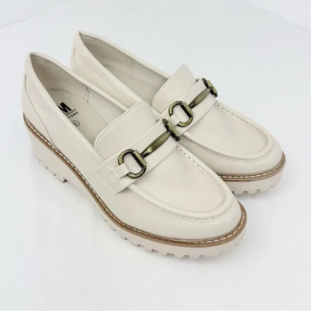 Steve Madden ALIX Cream Faux Leather Wedge Loafers with Burnished Gold Horsebit